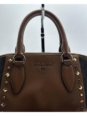 Michael Kors Brown Studded Logo Canvas Leather Satchel Handbag Gold Hardware